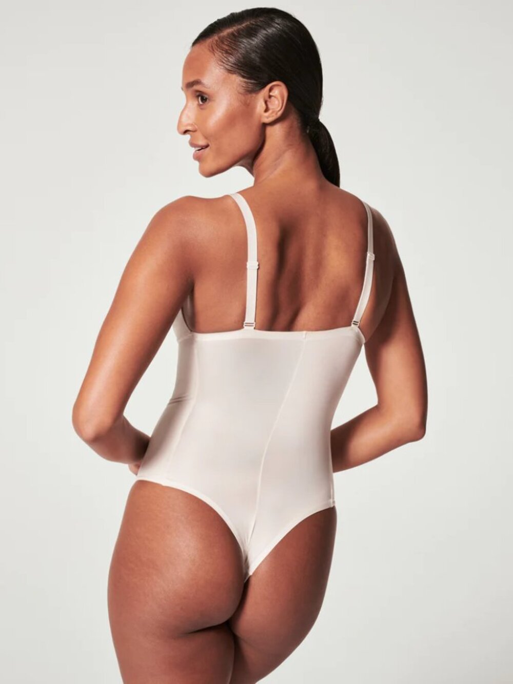 SPANX Shaping Satin Thong Bodysuit, L, Linen
